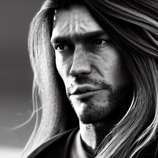 Prompt: an action portrait of a man with long hair, dramatic, motion blur, headshot, by robert capa, trending on artstation, octane render, unreal engine 5