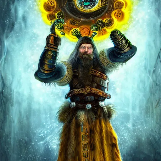 Image similar to mythological viking Shaman of artificial intelligence creating an artificial neural network with yellow synapses on an anvil, high resolution, award winning art, trending on art station, sharp image, incredibly detailed, detailed character realistic painting