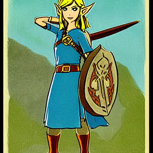 Prompt: Zelda from Legend of Zelda: Breath of the Wild, 1970's grainy vintage illustration