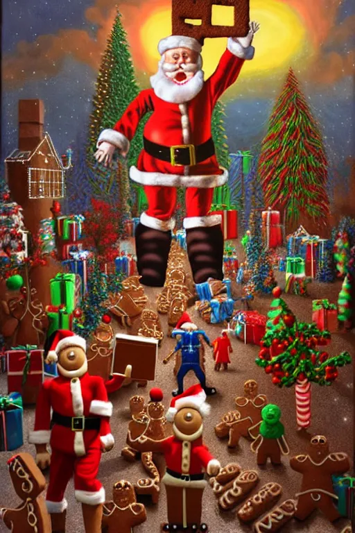 Prompt: a hyperrealistic painting of a 3 d christmas nightmare with giant mechanical evil gingerbread man, march of the wooden soldiers, santa's workshop, cinematic horror by chris cunningham, lisa frank, richard corben, highly detailed, vivid color,