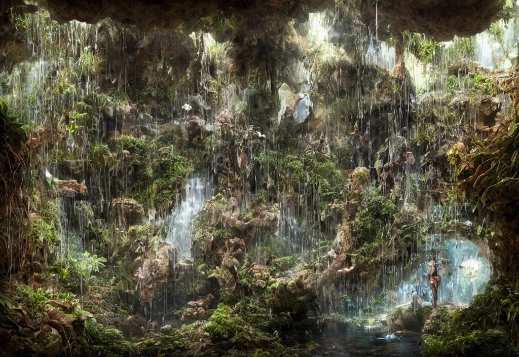 Prompt: Enchanted water Well, plants inside cave, with godray, vale encantado, cave photography lighting by ellen jewett, tomasz alen kopera and Justin Gerard, foam mist water,ruins, building blocks, , diamond texture, intricate mine, tiny sticks,tiny insects, water drops,sap,spider web, sap, nature adornements, nature colors, trending on artstation, volumetric lighting, micro details, ray tracing, 8k