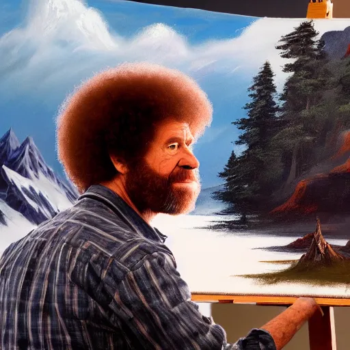 Prompt: a closeup photorealistic photograph of bob ross working on a canvas painting of dark knight. film still. brightly lit scene. mountains and trees. this 4 k hd image is trending on artstation, featured on behance, well - rendered, extra crisp, features intricate detail, epic composition and the style of unreal engine.
