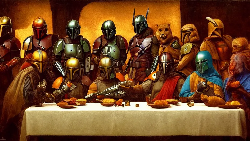 Prompt: mandalorian last supper, by leonardo davinci, concept art, oil painting, art station