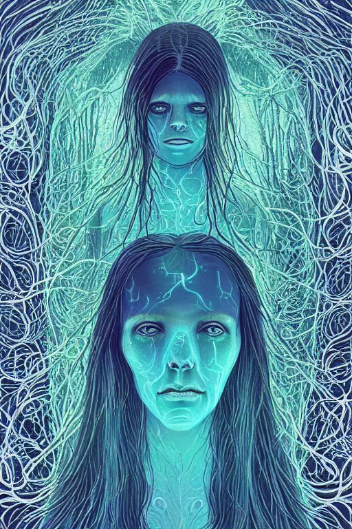 Image similar to dark underwater portrait of a Bioluminescent ancient woman, with reaction diffusion semi-transparent skin. face closeup. long intricate dark hair, with jellyfish. very high detail, illustration, by alex grey and Ilya Kuvshinov