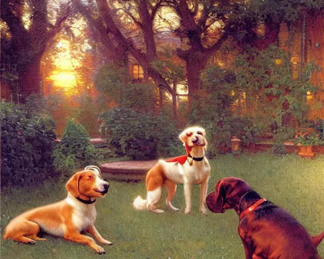 Image similar to dogs play in the backyard of a beautiful suburban home, 1 9 7 0 s sunrise painting by gaston bussiere, craig mullins, j. c. leyendecker