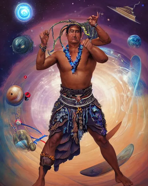 Image similar to duke kahanamoku as a hawaiian warrior surrounded by intergalactic planets connected by streams of multiversal flow, sigma male, gigachad, visually stunning, luxurious, by wlop, james jean, jakub rebelka, tran nguyen, peter mohrbacher, yoann lossel