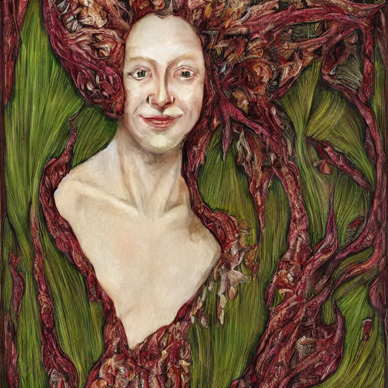 Prompt: a grinning girl with fish skin, plant patterns, her face looks like an orchid, she is the center of the garden, jan van eyck, ernst fuchs, egon schiele, trending on artstation, 8 k, award winning, facial symmetry, iris van herpen