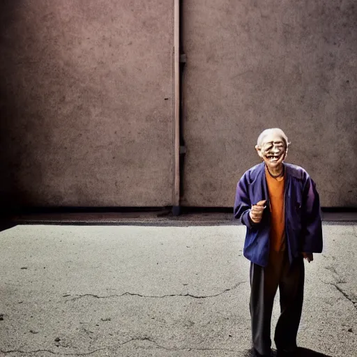 Prompt: a character portrait photo of a smiling old japanese man, hopeful, flickr contest winner, neo-expressionism, art photography, industrial background, hyperrealism, chiaroscuro, anamorphic lens flare, elegant, shallow depth of field, haze, volumetric lighting, low-contrast, colors, photo taken with provia, 24mm, f1.8, by Filip Hodas, by Andrew Domachowski