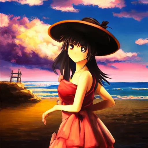 Image similar to Beautiful portrait of Kirisame Marisa at sunset on the beach, touhou project, ZUN, sold at an auction, oil on canvas, official artwork, trending on artstation, in the style of Antoine Blanchard, wide strokes