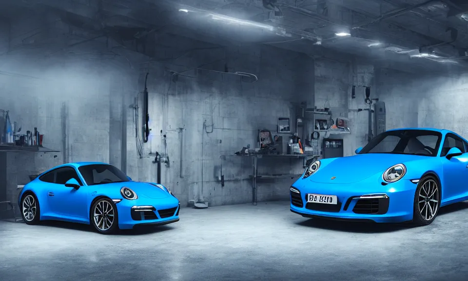 Image similar to photograph of a blue porsche 911 standing in a garage, centered, mist, volumetric light, cinematic lighting, octane render, 4k, ultra realistic, reflections, cinematic