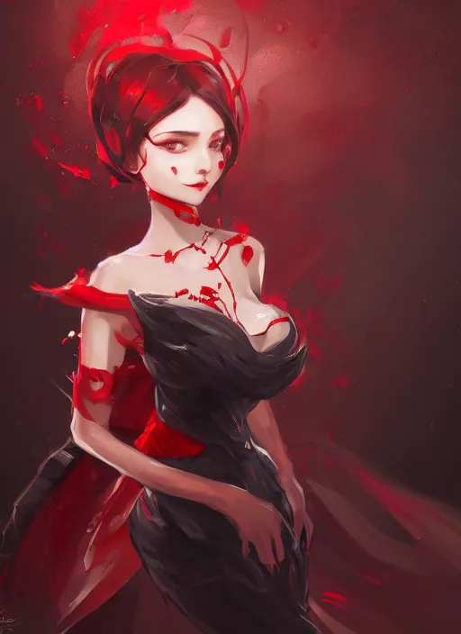 Prompt: a highly detailed illustration of hime cut black haired woman wearing red dress, dramatic smiling pose, perfect face, perfect body, intricate, elegant, highly detailed, centered, digital painting, artstation, concept art, smooth, sharp focus, league of legends concept art, wlop