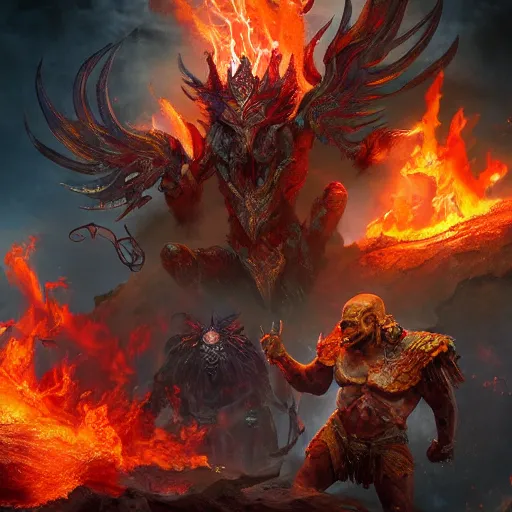 Prompt: three gods emerging from the ashes of a battleground in flames, digital art, high resolution, trending on artstation, Tyson Murphy, Mike Azevedo W- 1024