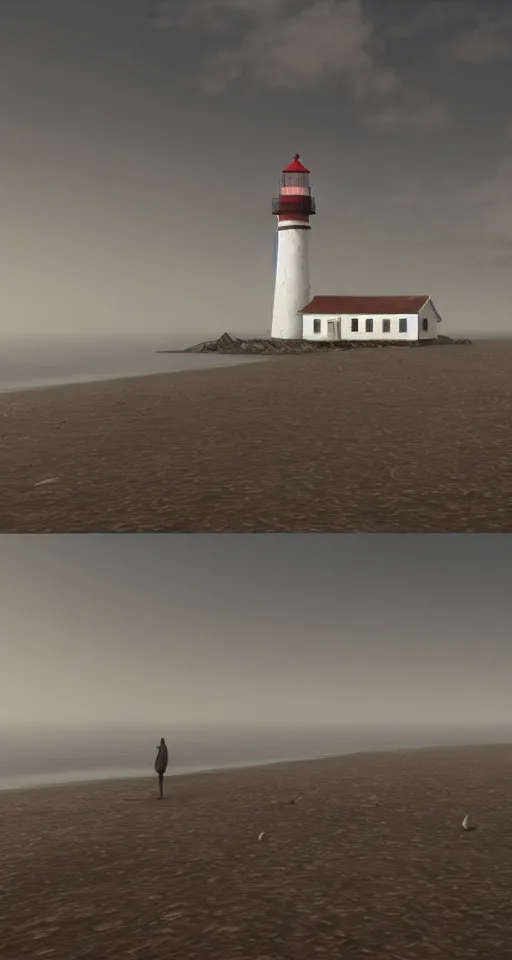 Image similar to wide - shot of lighthouse on the sand seashore, misty background, from the game pathologic 2, highly detailed, sharp focus, matte painting, by isaac levitan and asher brown durand,