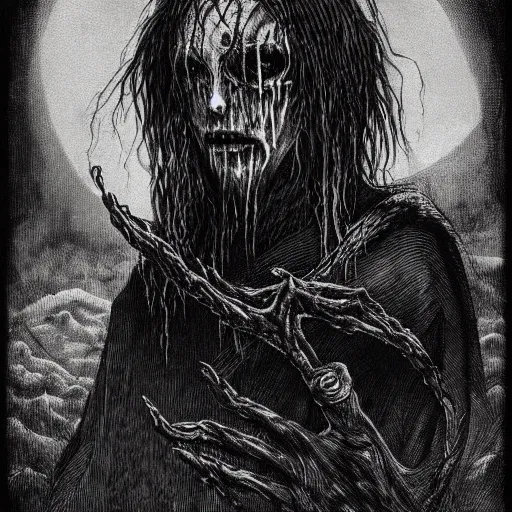 Image similar to black metal logo for the band called Viktor Orban, creepy atmosphere, dark, portrait, realistic, very realistic, illustration by Gustave Doré