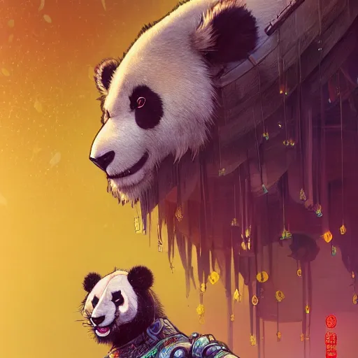 Image similar to a beautiful hyperdetailed character design 4 k wallpaper illustration of a cute panda with a chinese lion dance head victo ngai cyberpunk style, from china, style of studio ghibli, makoto shinkai, raphael lacoste, louis comfort tiffany, artgerm, james jean, ross tran, chinese style