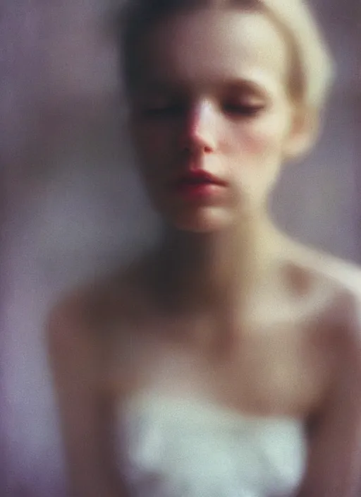 Image similar to out of focus photorealistic portrait of a beautiful!!! aesthetic!!! pale woman by saul leiter, very blurry, translucent white skin, closed eyes, foggy