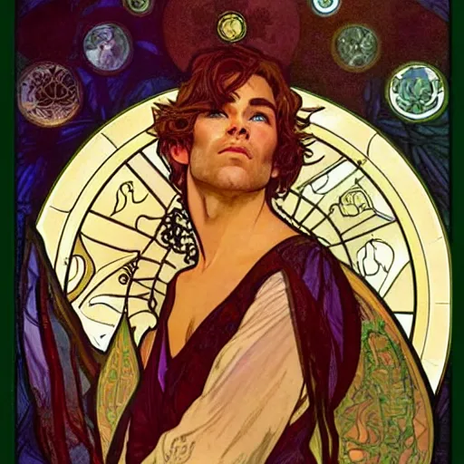 Image similar to chris pine portrait by louis - theophile hingre and alphonse mucha, realistic, sharp focus, zodiac signs, tarot cards, planets, ethereal, art nouveau, magic, moon, sun, crown, dreamy, royal, jewellery