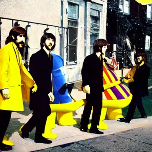 Image similar to the beatles performing yellow submarine on the street