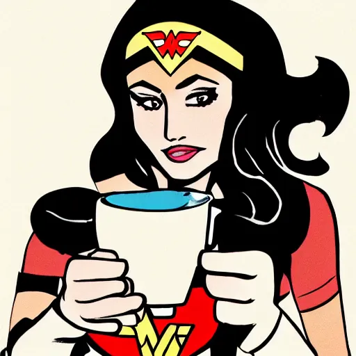 Prompt: wonder woman drinking a cup of tea