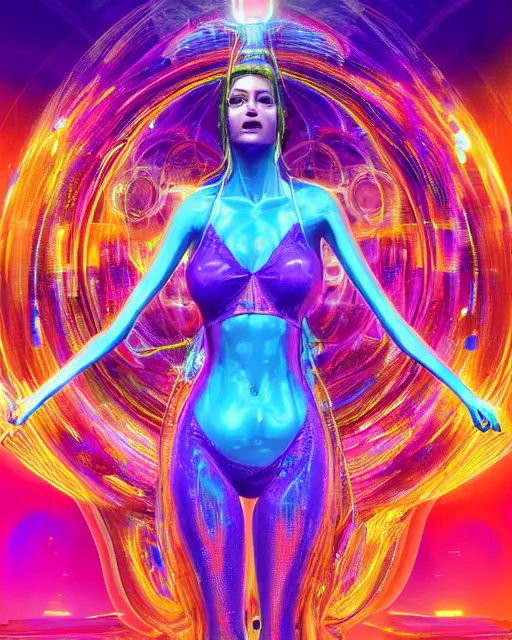 Image similar to a powerful energy psychedelic matrix latin woman, by alexander fedosav, hyper detailed digital matte painting, concept art, hyperrealism, 1 6 k resolution, cinema 4 d, 8 k resolution, trending on artstation, behance hd, a masterpiece, by stephan martiniere, particles, cel - shaded, power bright neon energy, by david a. hardy