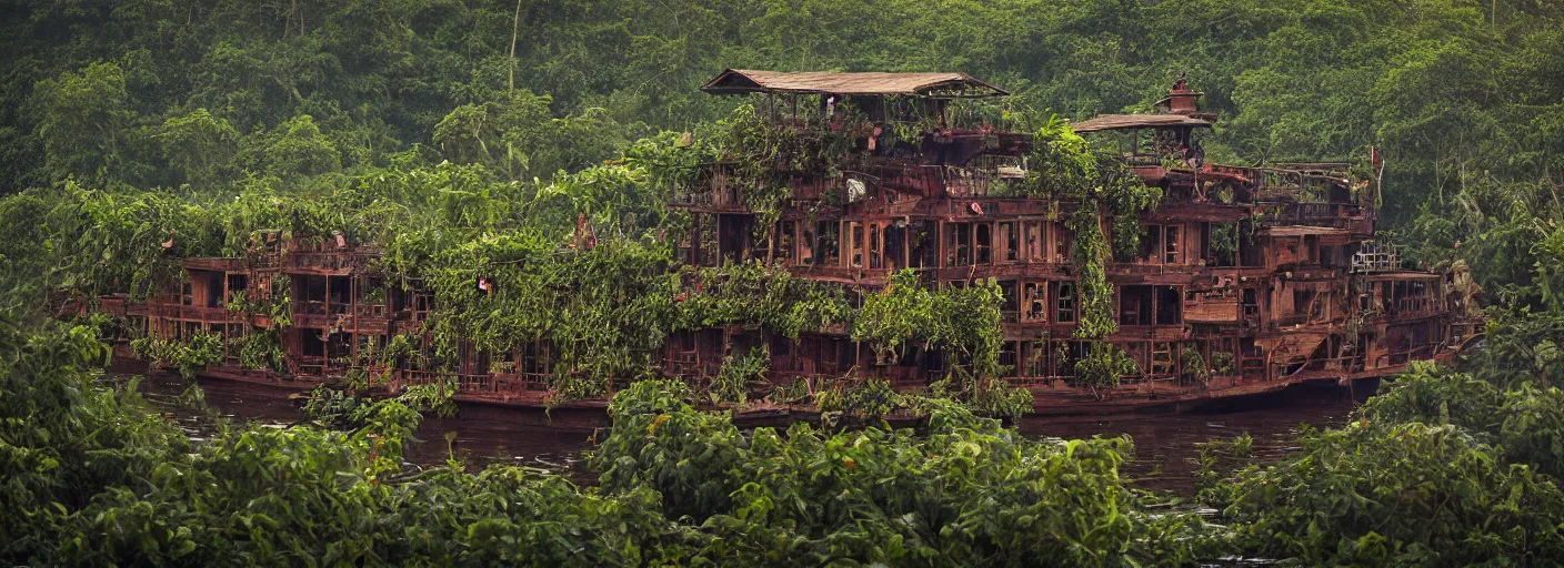 Prompt: A wooden, rugged 1880's steamboat overgrown with vines, flowers, snakes, and exotic vegetation floating on the Amazon river. Faint lights from within. Beautiful close up photo by National Geographic. Photo by Roger Deakins. Photorealistic. Dusk colors. Volumetric lights. Mist. hyper-maximalistic, with high detail, cinematic, 8k resolution, beautiful detail, insanely complex details.