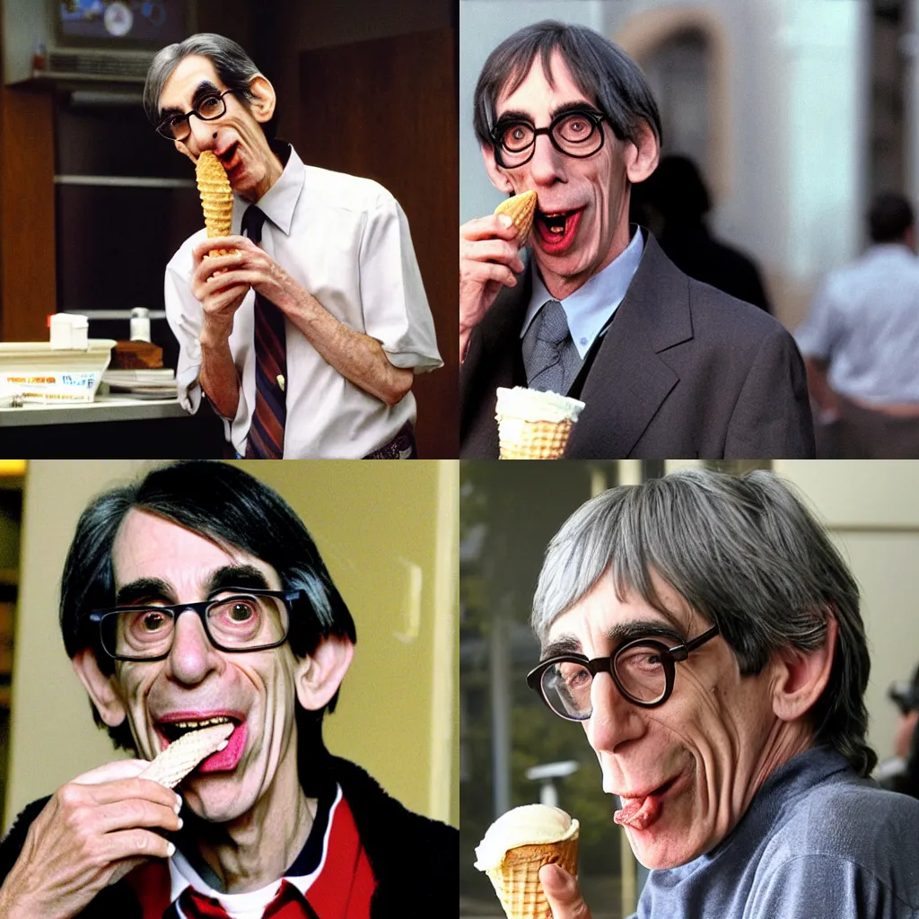 Prompt: richard belzer licking an ice cream cone dramatically