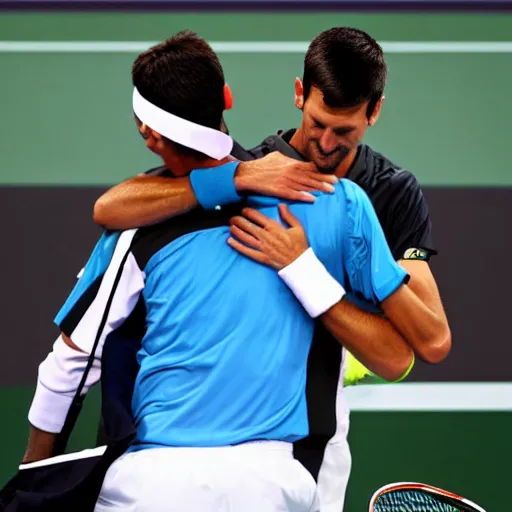 Image similar to a dapper victorian novak djokovic hugging a linesman