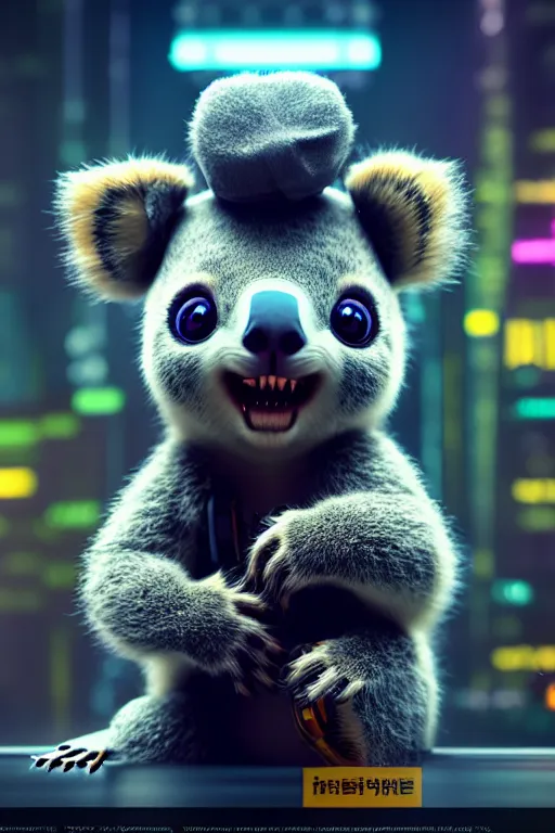 Image similar to high quality 3 d render very cute cyborg koala! cyberpunk highly detailed, unreal engine cinematic smooth, in the style of blade runner & detective pikachu, hannah yata charlie immer, moody light, low angle, uhd 8 k, sharp focus