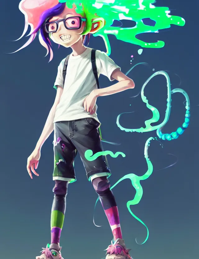 Prompt: a beautiful fullbody portrait of a cute splatoon anime boy with pink hair and green eyes wearing sports clothing leggings. character design by cory loftis, fenghua zhong, ryohei hase, ismail inceoglu and ruan jia. artstation, volumetric light, detailed, photorealistic, fantasy, rendered in octane