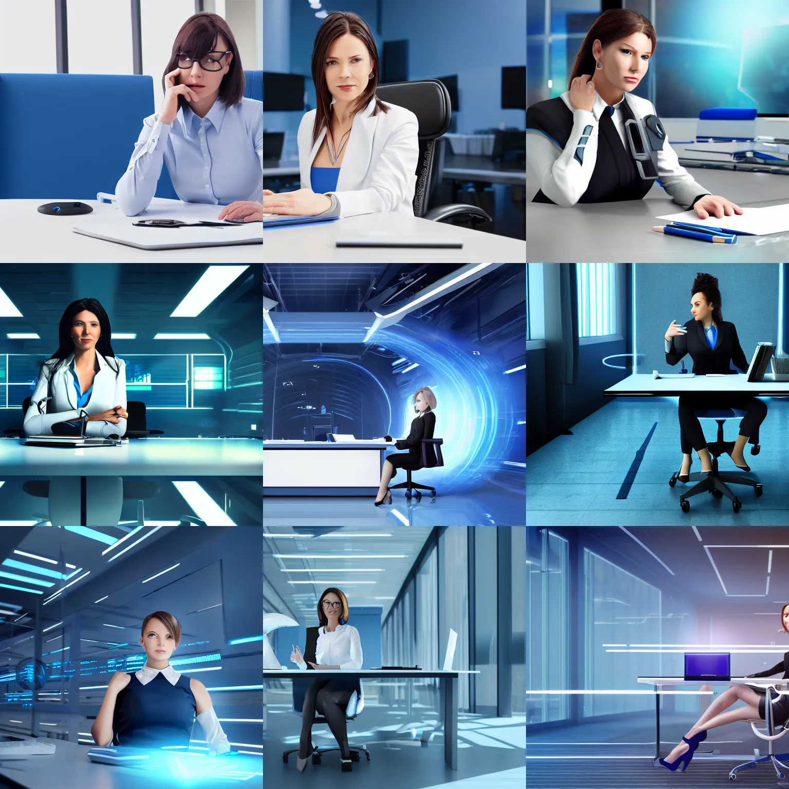 Prompt: a corporate photo of a female executive cyborg sitting at a desk in front of a blue and white portal artstation octane render photorealistic