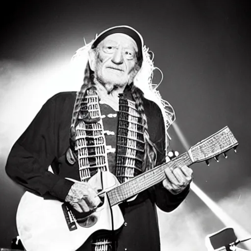 Image similar to willie nelson on stage, four fingers holdingguitar. god rays through fog.