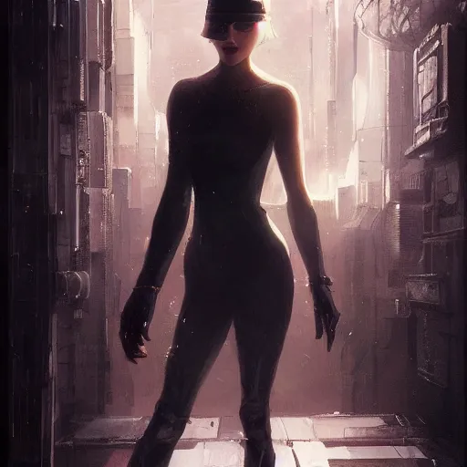 Image similar to femme fatale, beautiful young woman, 1 9 2 0 s, cyberpunk, high detail, dramatic light, digital art, dark, painted by seb mckinnon and greg rutkowski, trending on artstation