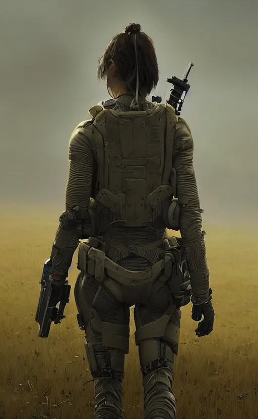 Image similar to death stranding landscape, anatomically correct human female figure wearing tactical gear in field facing forward, cinematic lighting, dark shadows, hyper detailed, digital painting by greg rutkowski and simon stalenhag, artstation, cgsociety, intricate, concept art