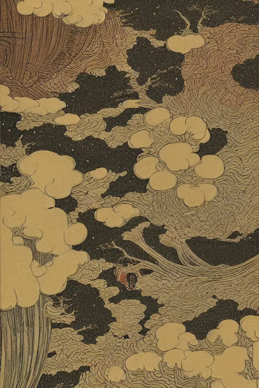 Prompt: japanese woodblock print of a landscape in the style of fantasy painted by kano sanraku, james jean, takato yamamoto, mc escher in the style of nihonga, gold leaf painting, fractal art, intricate detail