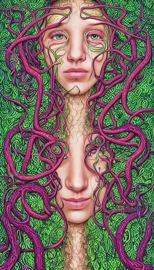 Image similar to very detailed portrait of a 2 0 years old girl surrounded by tentacles, the youg woman visage is blooming from fractal and vines, by alex grey,