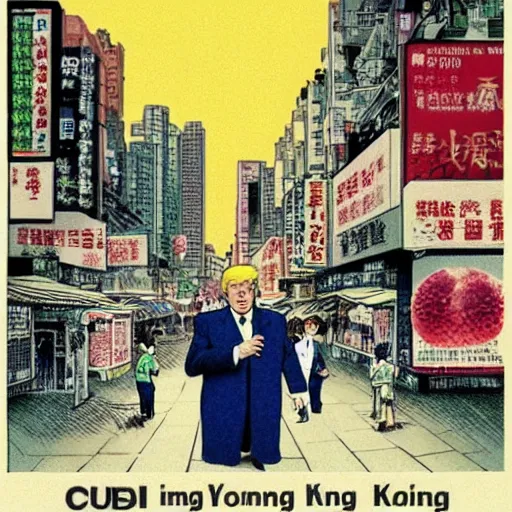 Image similar to glossy old advertising poster, chubby baby donald trump walking through crowded hong kong street, vendors, drawn comic by junji ito, pastels, gradient