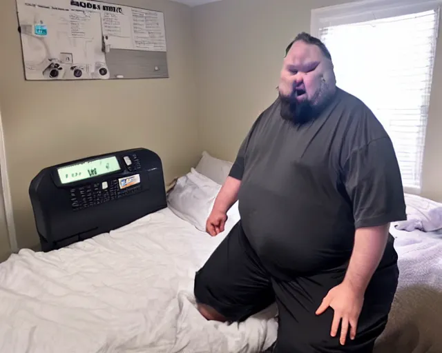 Image similar to very fat man connected to a cpap machine. messy bedroom