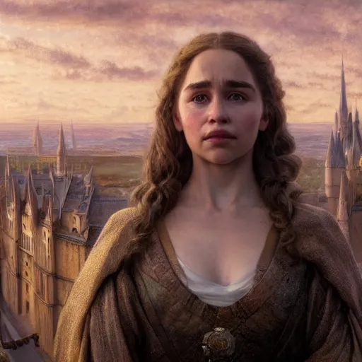 Prompt: a very detailed Magic portrait painting of Emilia Clarke, a very detailed fantasy city background, a very detailed dramatic sky, light particles, environment drawn by Donato Giancola and Tom Bagshaw, Edmund Leighton, character design by Alphonse Mucha, 4k, volumetric lighting, komorebi, award winning, octane render, hyperrealistic