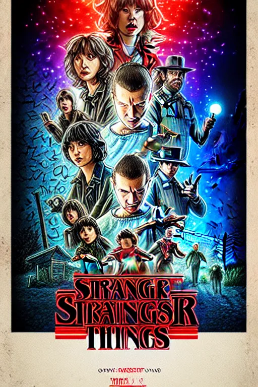 Prompt: Poster for the 5th season of Stranger Things, Demons, horror, pure evil, Series on Netflix, disaster, Hawkins, Vecna, Movie poster, poster, design, Symmetry, Symmetrical, Border, Framed