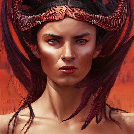 Prompt: portrait of a female berber tiefling, red skin, long horns, black hair, ponytail, steel armor, in a desert, strong, fierce, fantasy, intricate, elegant, highly detailed, digital painting, artstation, concept art, character art, smooth, sharp focus, illustration, art by greg rutkowski and alphonse mucha