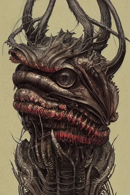 Image similar to a portrait of a hr giger japanese devil animal illustrated by miyazaki by karol bak, james jean, tom bagshaw, rococo, sharp focus, trending on artstation, cinematic lighting, hyper realism, octane render, 8 k, hyper detailed, vivid, ultra detailed, highly detailed