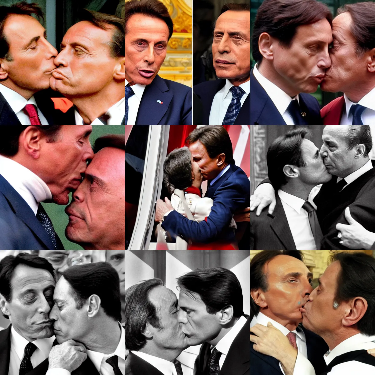 Prompt: giuseppe conte kissing berlusconi, giuseppe conte flirting with berlusconi and mussolini, mussolini kissing berlusconi