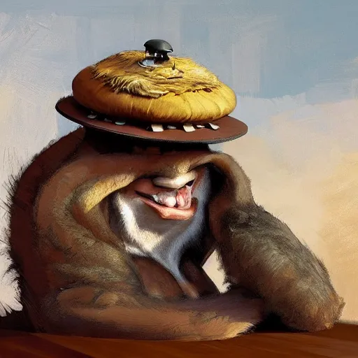 Prompt: just a curious hikking hat in a wooden table. by Craig mullins, Steve Purcell, Ralph McQuarrie. Trending on artstation. Centered image