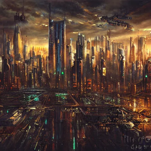 Prompt: a beautiful painting of a city skyline, cyberpunk, steampunk, hyperrealism, cinematic