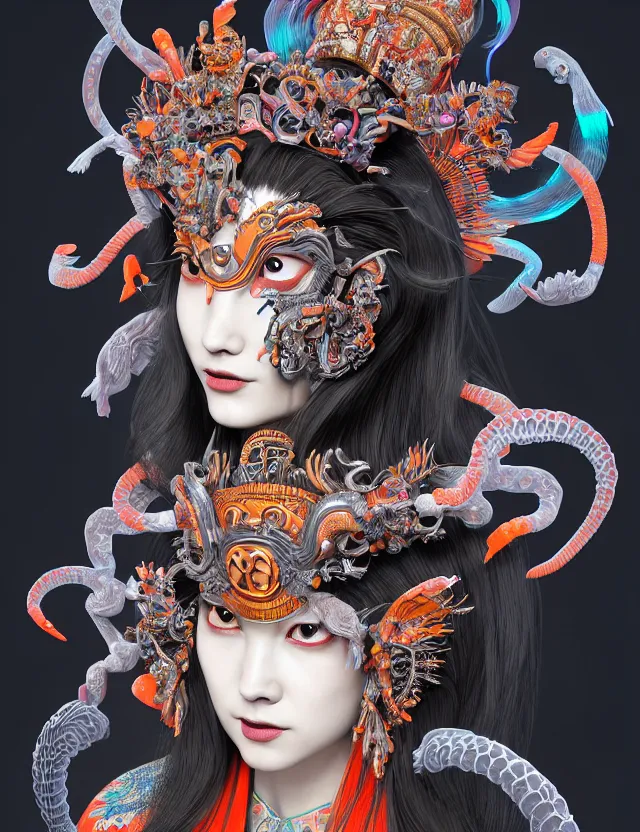 Image similar to 3 d goddess close - up profile portrait with crown, ram skull. beautiful intricately detailed neon japanese crow kitsune mask and clasical japanese kimono. betta fish, jellyfish phoenix, bio luminescent, plasma, ice, water, wind, creature, artwork by tooth wu and wlop and beeple and greg rutkowski