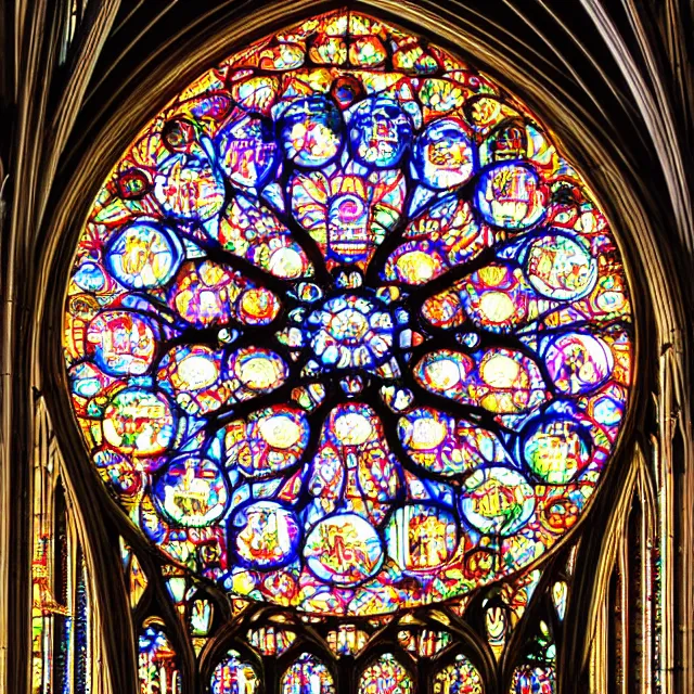 Image similar to gothic cathedral rose window megastructure depicting techo circuitry, intricate colorful masterpiece, hyper detailed, hd