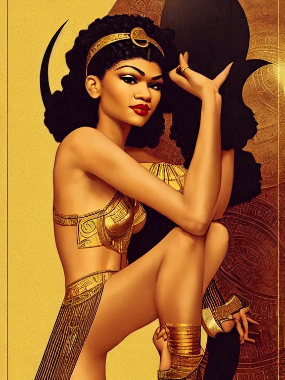 Image similar to zendaya as the Egyptian goddess bast, a beautiful art nouveau portrait by Gil elvgren, Nile river environment , centered composition, defined features, golden ratio, gold jewelry