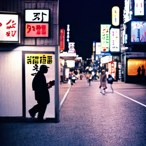 Image similar to old black man in tokyo at night, wearing ski goggles, cinestill 8 0 0,