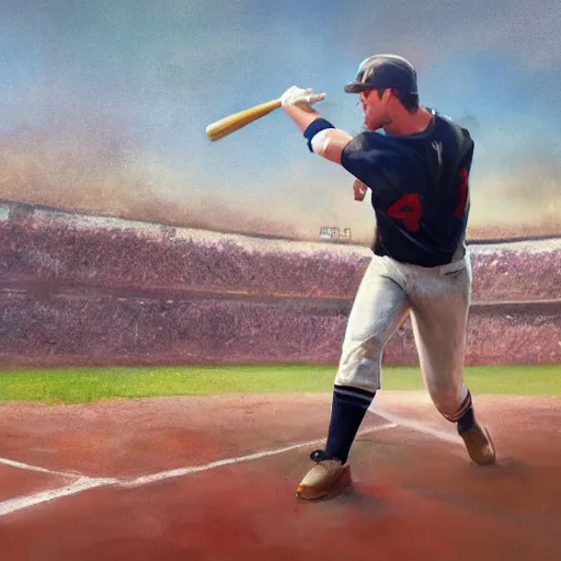 Image similar to baseball player hitting the ball with the baseball bat in the middle of the game and in front of everyone in the stadium, james gurney painting style, greg rutkowski, artstation, octane render, unreal engine 5