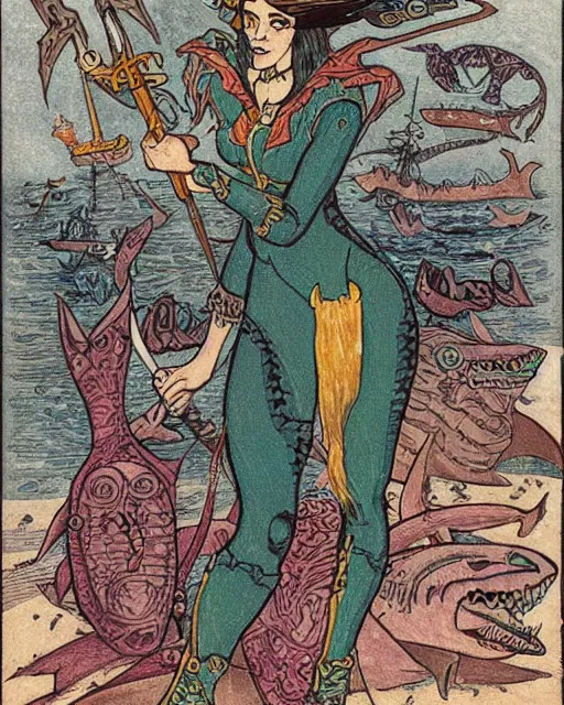 Prompt: a shark pirate queen with iridescent skin color, holding melee weapons by ivan bilibin